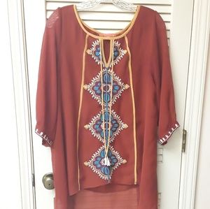 Orange Rust Boho Tribal Embroidered Top M Schona